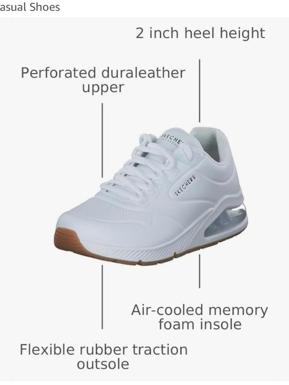 Skechers White Athletic Sneakers with Gum-Tone Outsole and Visible Air Unit 7.5